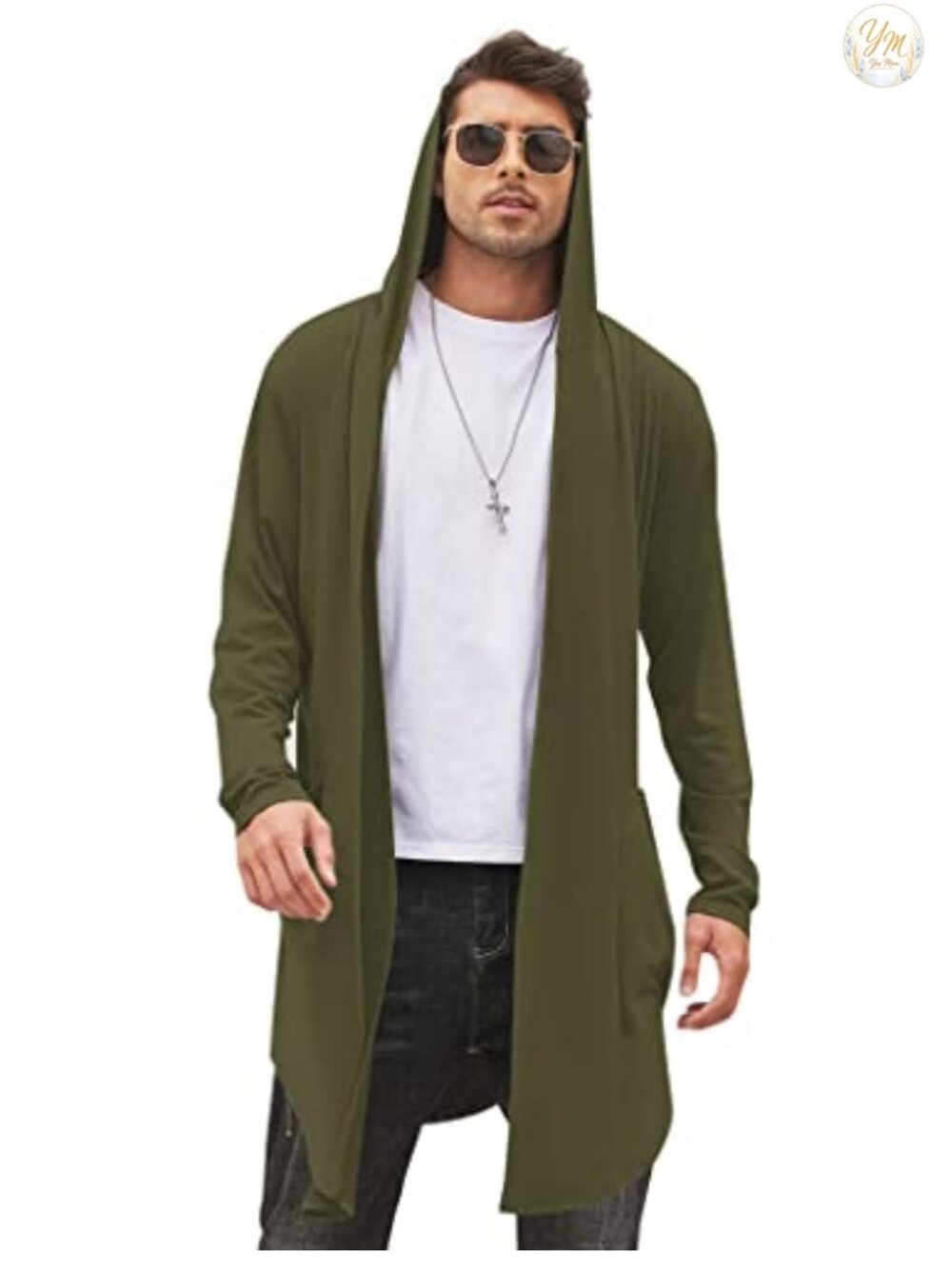 COOFANDY Men's Long Hooded Cardigan Shawl Collar Lightweight Cape Cloak